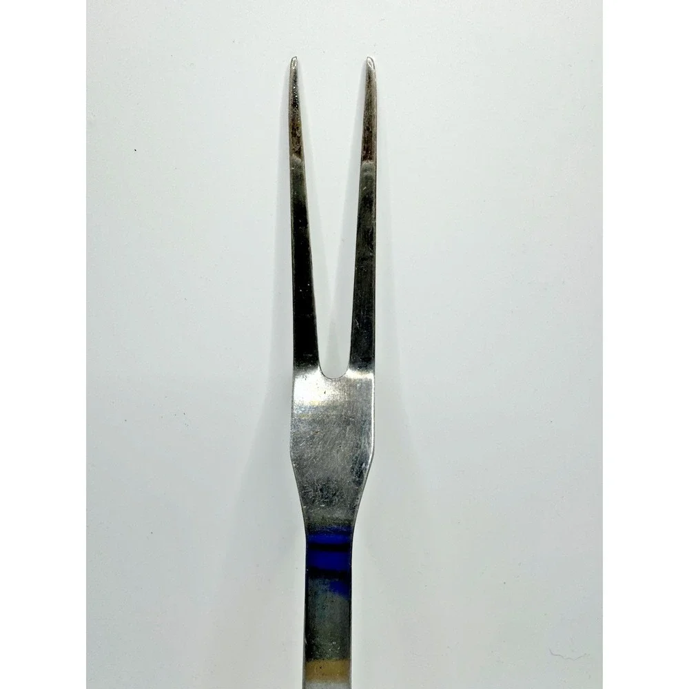 Vintage Japan Stainless Steel Plastic Handle Blue Gold Floral Design Meat Fork